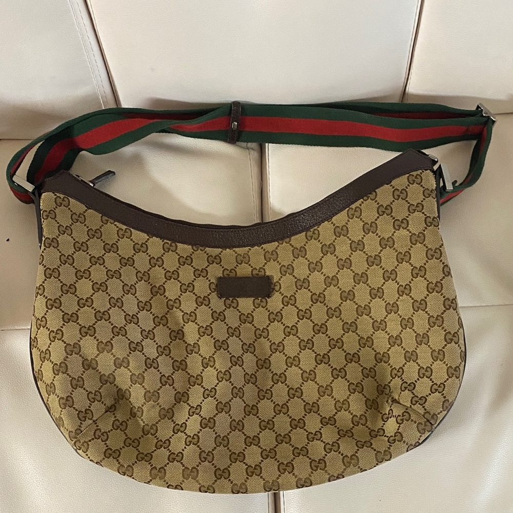 Gucci Beige GG Canvas Crescent Bag with Green-Red Web Strap